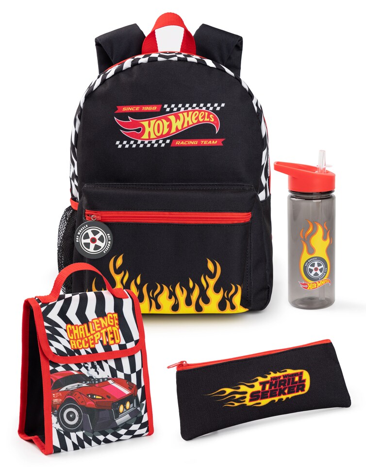 image 1 of Hot Wheels Boys Backpack Set | Kids 4 Piece Black Rucksack Bundle with School Bag, Pencil Case, Lunch Bag & Water Bottle | Fire Finish Line Graphic Complete Matching Set | Back to School Gifts | Black | Black