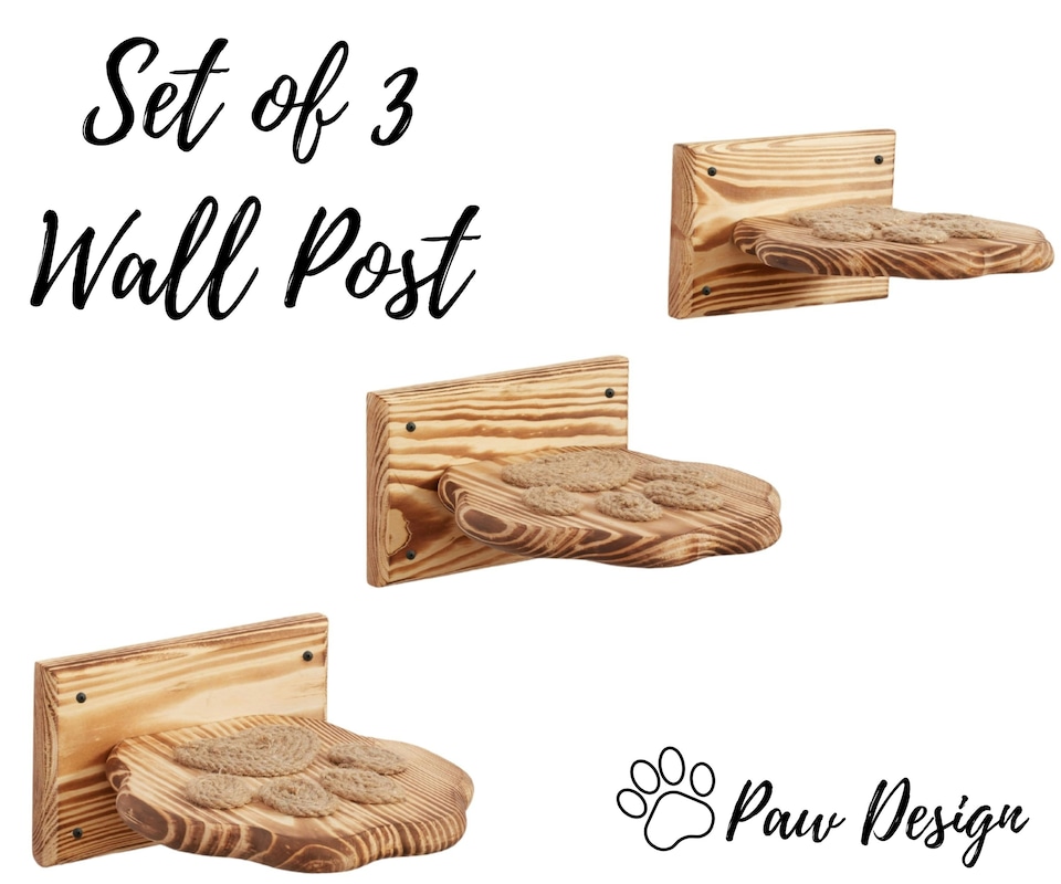 image 1 of NOVECRAFTO Paw Design Cat Wall Steps – Set of Solid Wood Wall-Mounted Shelves & Bridge Steps – Durable Cat Wall Furniture for Climbing & Play