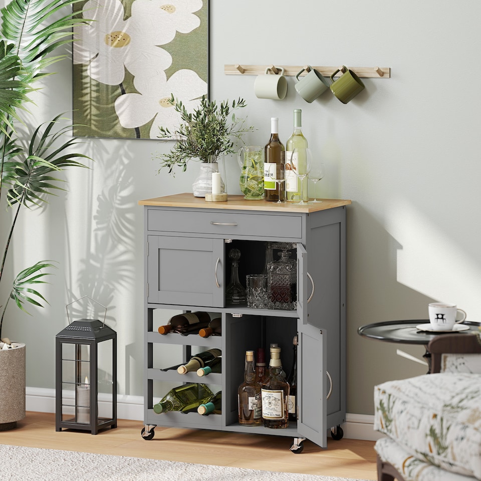 image 1 of HOMCOM Modern Kitchen Trolley, Rolling Island Storage Cart with Drawer, 9-bottle Wine Rack, Door Cabinets, Wooden Countertop, Grey