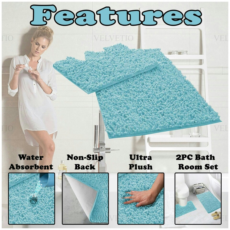 image 1 of VELVETIO Loop Bath Set Anti Slip Water Absorbent Soft Bathroom Rugs Blue | Aqua
