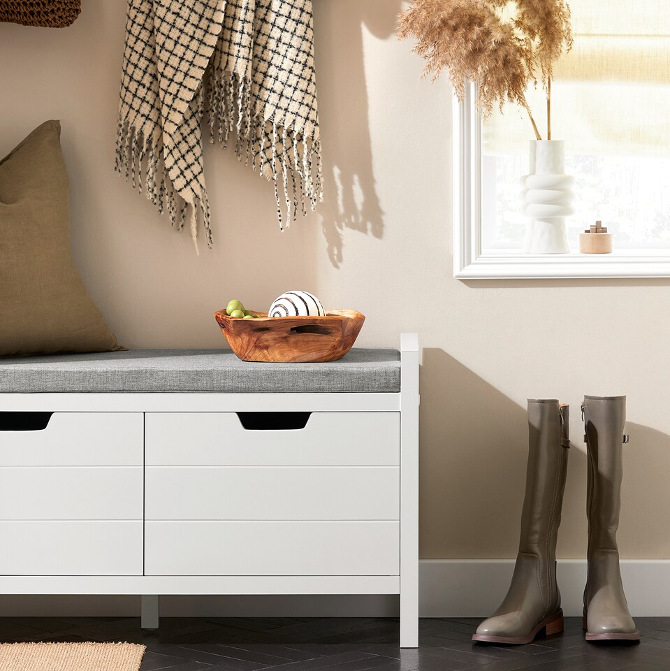 image 1 of SoBuy Shoe Storage Bench with Seat Cushion & Double Doors, White, 35.8x11.8x19.7 in, 12.8 kg - FSR63-II-W