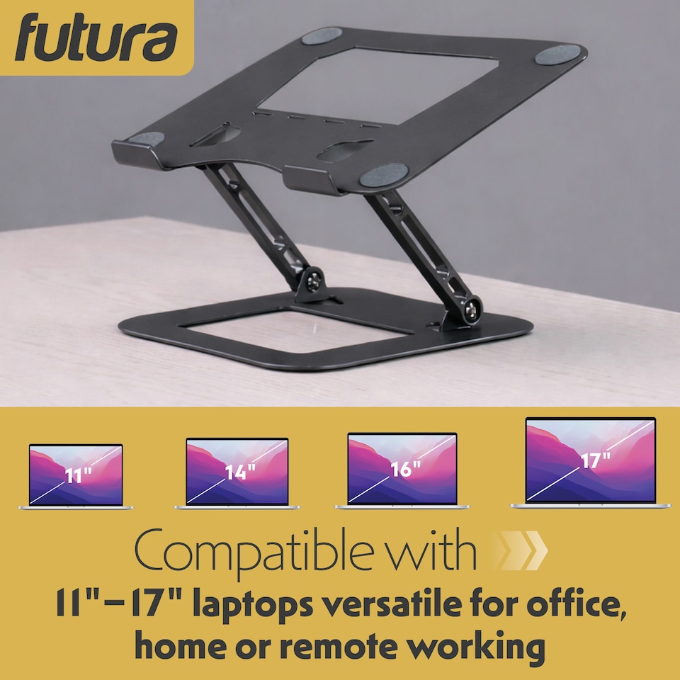 image 1 of Futura Laptop Stand Adjustable Portable Riser, Grey Foldable Aluminium Holder for MacBook AirPro and 11 to 17 inch Laptops | Grey | Grey | One Size | 1