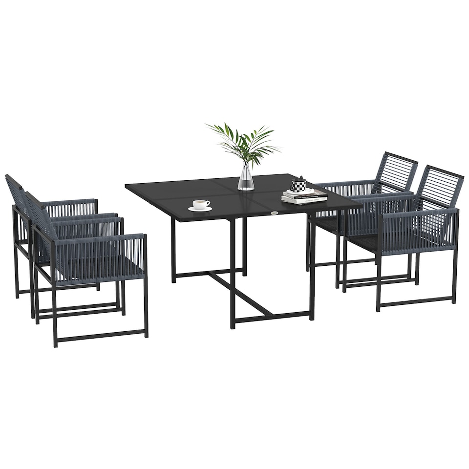 image 1 of Outsunny 5 Pieces Garden Dining Set, Outdoor Patio Cube Set, 4 Seater Outdoor Table and Chairs with Foldable Backrest, Tempered Glass Top, Handwoven Rope for Poolside, Space Saving, Dark Grey