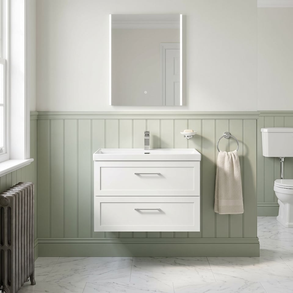 image 1 of Stonnall Traditional Wall Hung 2 Drawers Vanity Unit with Thin-Edge Ceramic Basin, 800mm, Matt White