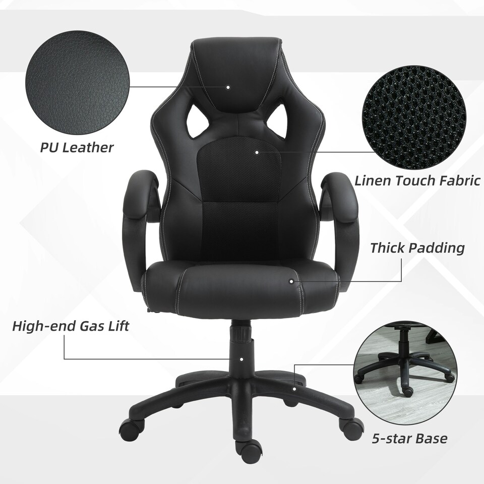 image 1 of Vinsetto Racing Gaming Chair, PU Leather Swivel Office Gamer Chair Black