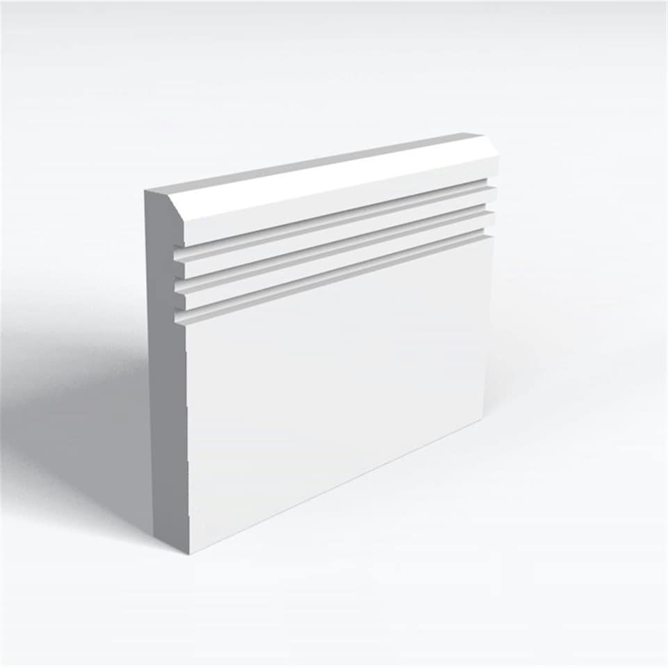 Pack of 20 (Total 20 Units) - MR MDF Primed Chamfered 3 Square Grooves Skirting Board & Rebate - 18mm (T) x 94mm (H) x 3050mm (L)