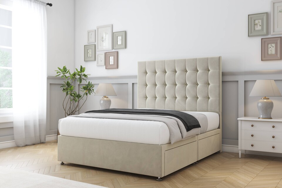 image 1 of Sloomy Alabama Cream Plush Divan Bed Base 2 Drawers Same Side With 26 Inch Strutted Headboard | Cream | Cream | Double | 1