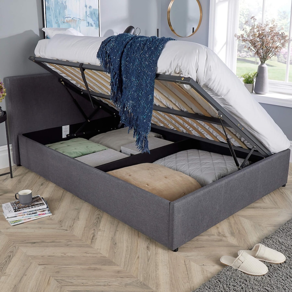image 1 of Ottoman Side Lift Storage Bed Double Hopsack Fabric Bed Frame Gas Lift Furniture
