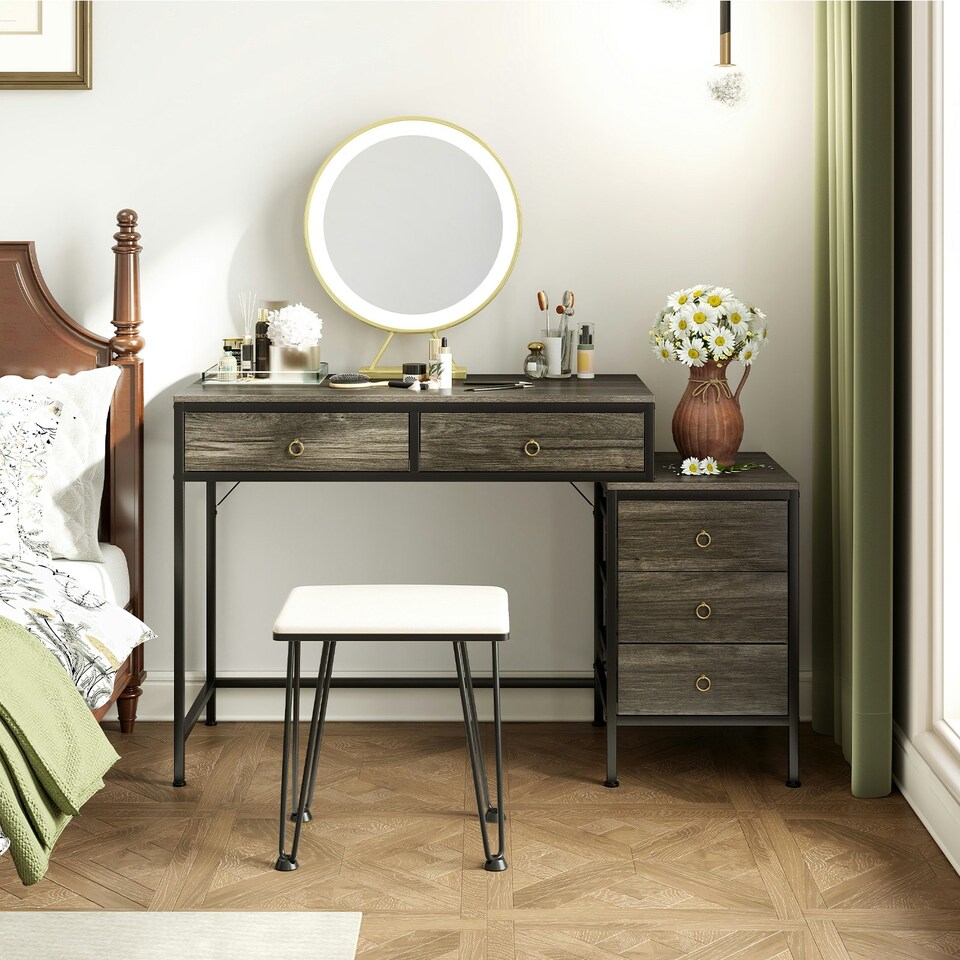 image 1 of COSTWAY Computer Desk with 5 Drawers and Side File Cabinet Grey Grey