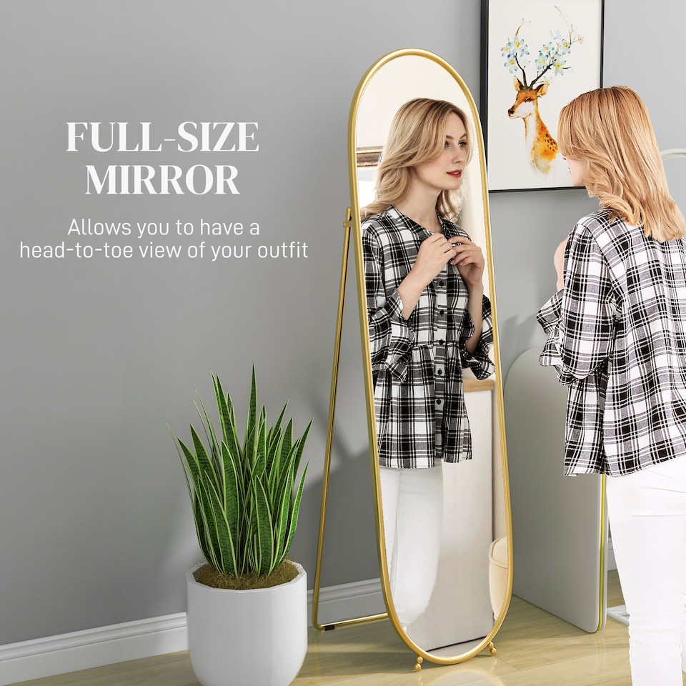 image 1 of HOMCOM 40  160cm Full Length Mirror, Floor Standing or Leaning Against Wall Tall Mirror with Support Frame, Oval Full Body Mirror for Bedroom, Living Room, Gold Tone