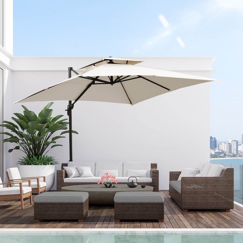 image 1 of Outsunny 360 Degree Cantilever Parasol Roma Umbrella with Base Weight, Beige | White | Beige