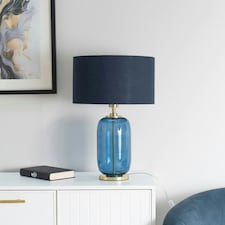 ValueLights Leigh Navy Blue Fabric Drum Shade with Navy Blue Glass and Gold Trim Table Lamp with Bulb
