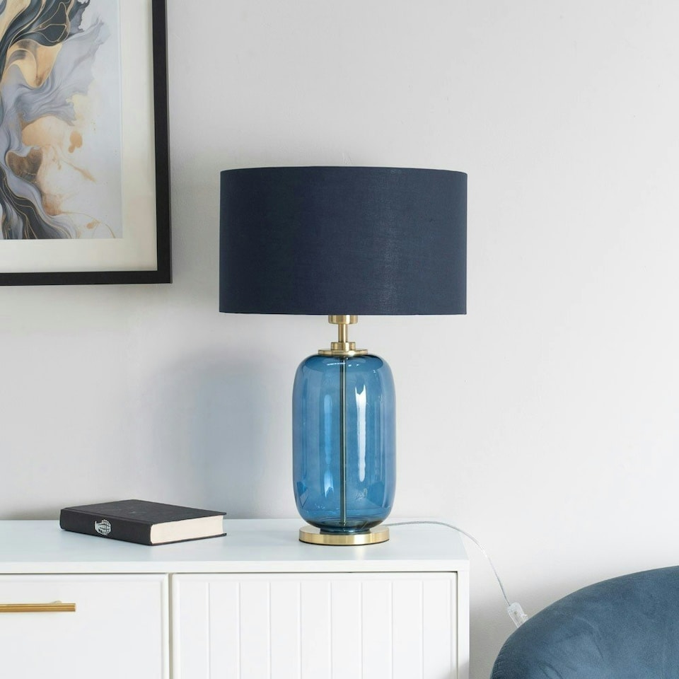image 1 of ValueLights Leigh Navy Blue Fabric Drum Shade with Navy Blue Glass and Gold Trim Table Lamp with Bulb