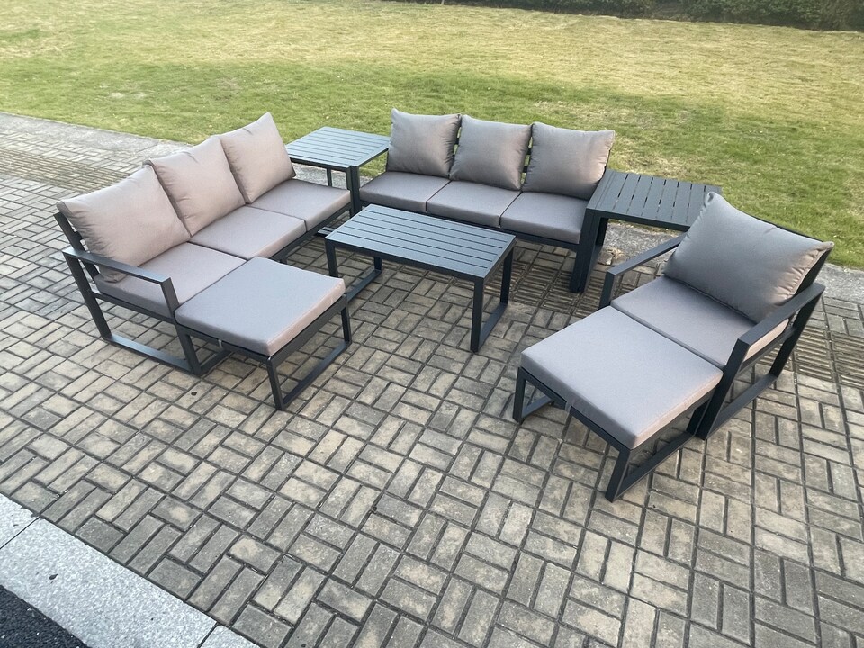 image 1 of Fimous Aluminium 8 Pieces Garden Furniture Set with Cushions 9 Seater Outdoor Patio Lounge Sofa Set with Armchair 2 Big Footstools 2 Side Tables Dark Grey