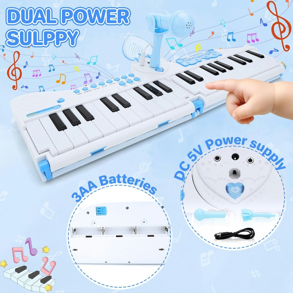 image 1 of 40-Key Folding Piano Keyboard Toy – Portable Electronic Music Toy with Lights & Sound (Blue)