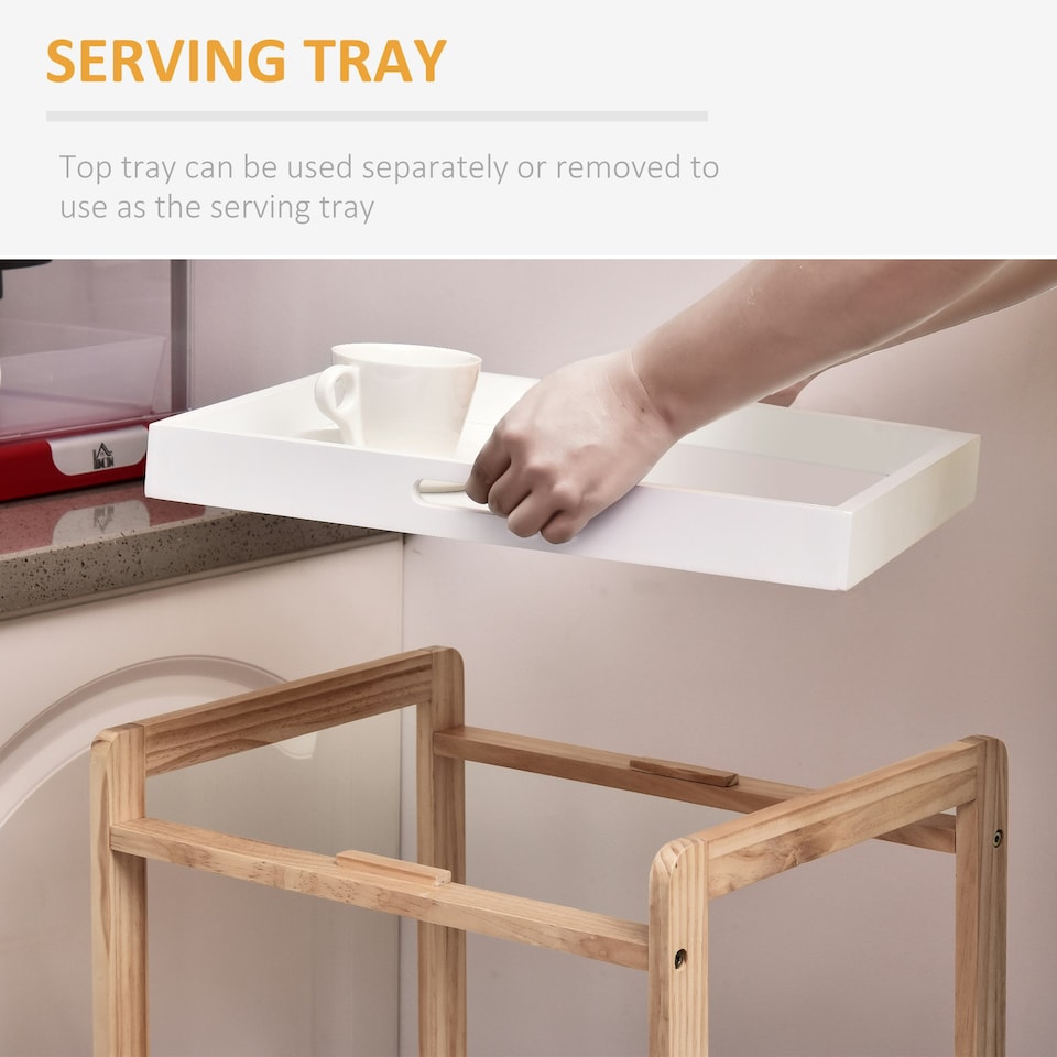 image 1 of HOMCOM Mobile Serving Trolley Kitchen Cart Pine Wood Rolling Wheels White