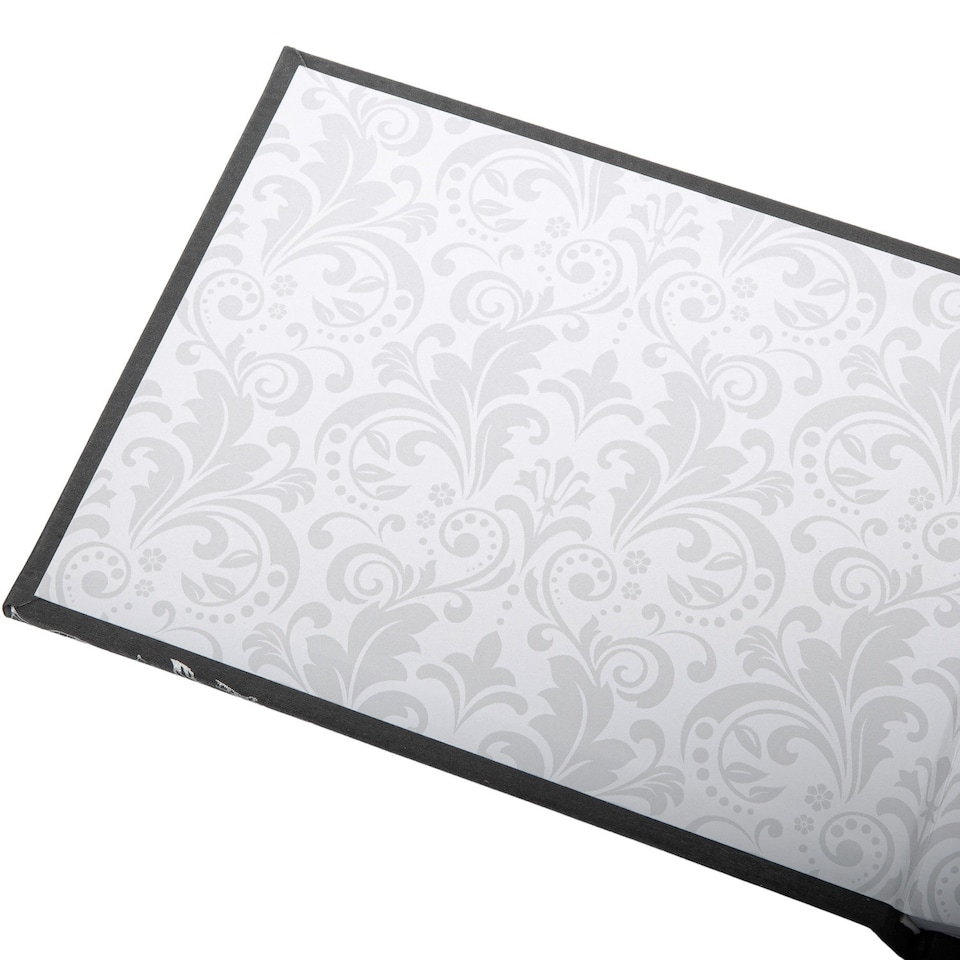 image 1 of Beautiful Black Satin Fabric Wedding Day Guest Book with Silver Floral Decor