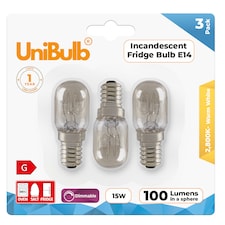UniBulb Fridge / Oven / Salt Lamp Pygmy E14 Small Edison Screw (SES) 100lm 15W 2800K (Warm White) Incandescent Dimmable Light Bulbs - Pack of 3