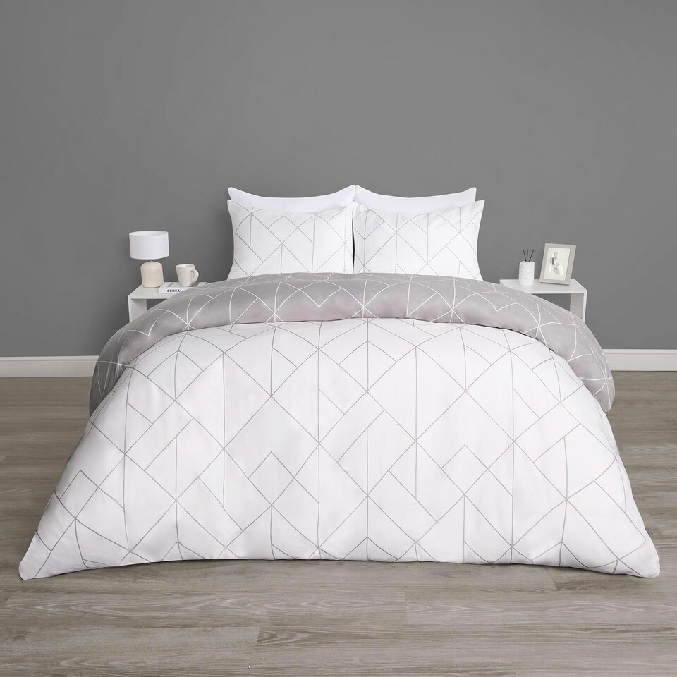image 1 of OHS Geometric Reversible Print Duvet Cover and Pillowcase Set, Double - Grey