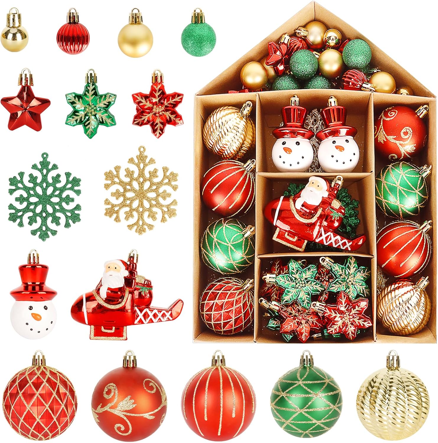 70Pcs Christmas Tree Baubles, Christmas Tree Ornaments Decorations Set Red Gold and Green, Xmas Decorations Balls for Xmas, Holiday, Wedding, Party
