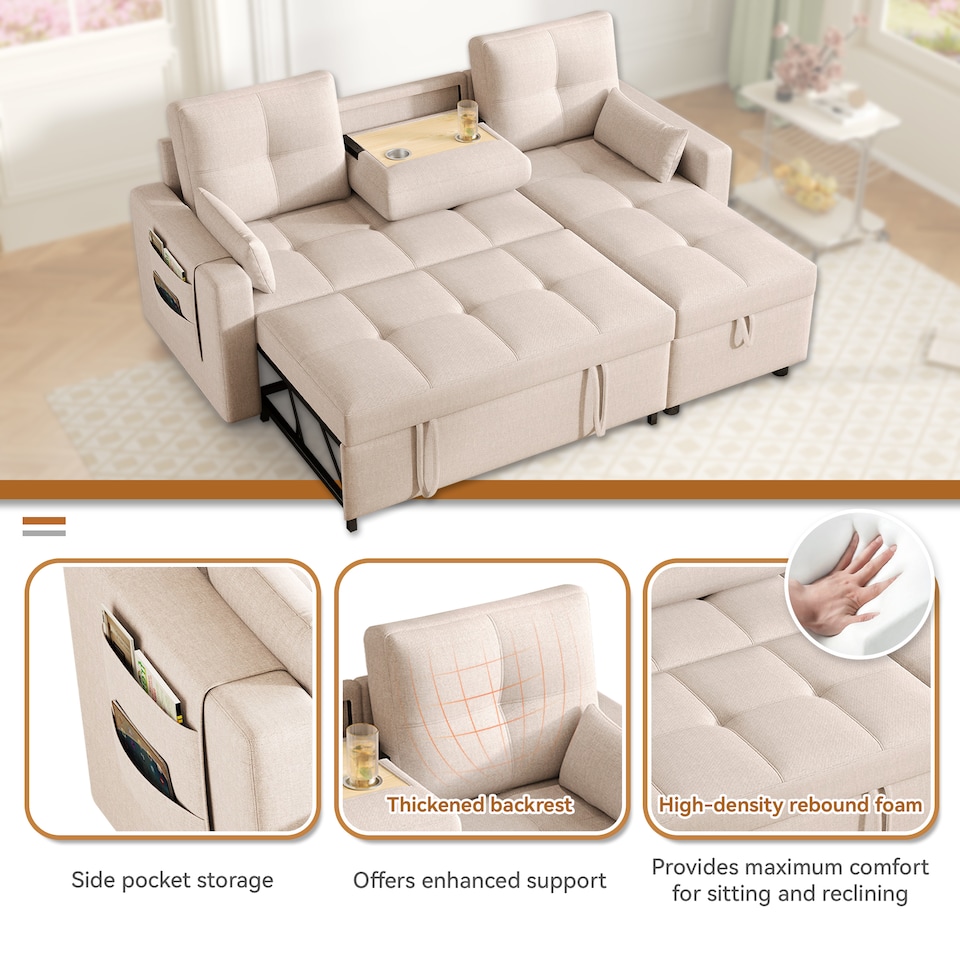 image 1 of FENCHILIN Sofa Bed with Pull-Out Sleeper Reversible Chaise Drop-Down Cup Holder Side Pockets Beige