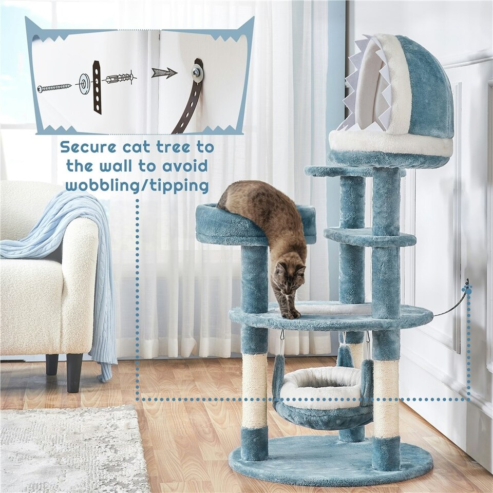 image 1 of Yaheetech 115 cm Ocean-themed Cat Tree Blue/White
