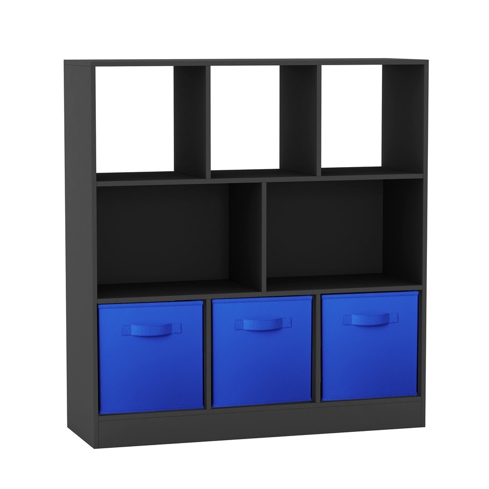 Asymmetrical 8 Black Cube Bookcase Shelf Storage Unit with 3 Fabric Drawer Inserts Multi Black & Dark Blue Drawer 1