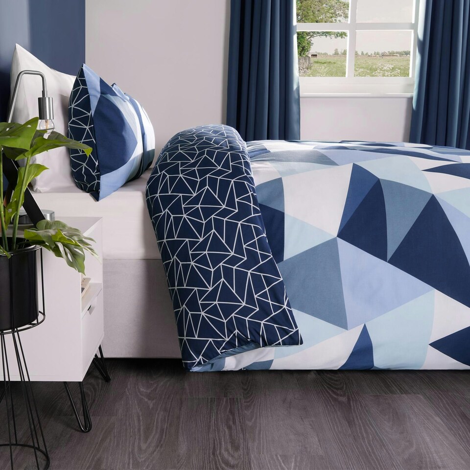 image 1 of OHS Geometric Shapes Duvet Cover and Pillowcase Set, Single - Navy Blue