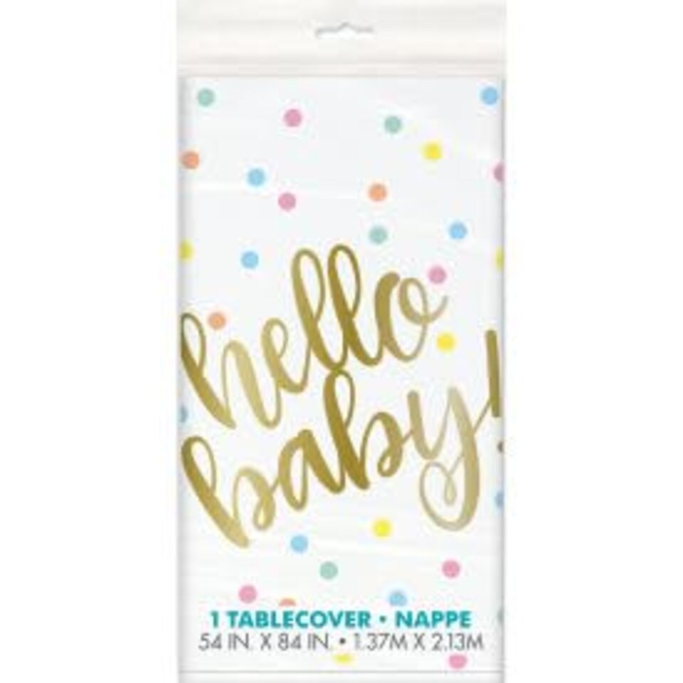 image 1 of Gold Hello Baby Plastic Tablecover 213cm x 137cm