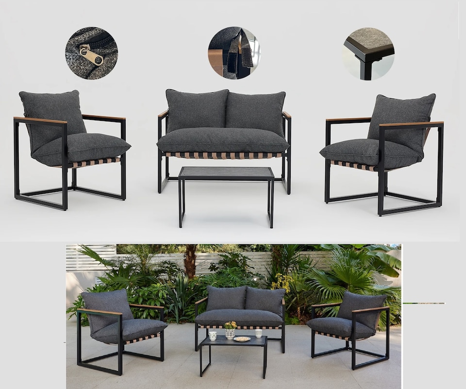 image 1 of Garden Sofa Set Lounge Outdoor 2 Seater Sofa Chairs Coffee Table Grey Cushions 4 Seater Black Furniture - Porto