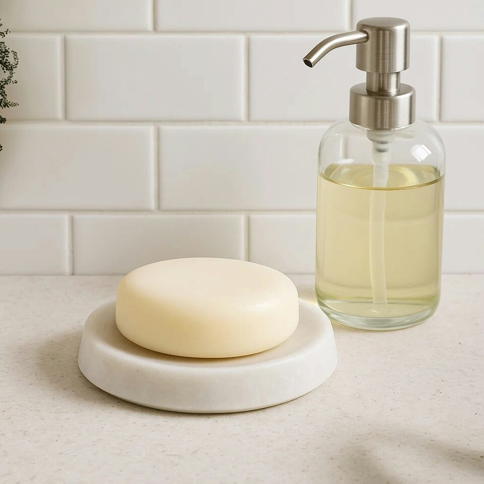 image 1 of Interiors by Premier Off White Marble Soap Dish, Elegant Natural Soap Holder with Recessed Tray, Smooth Textured Bath Soap Dish