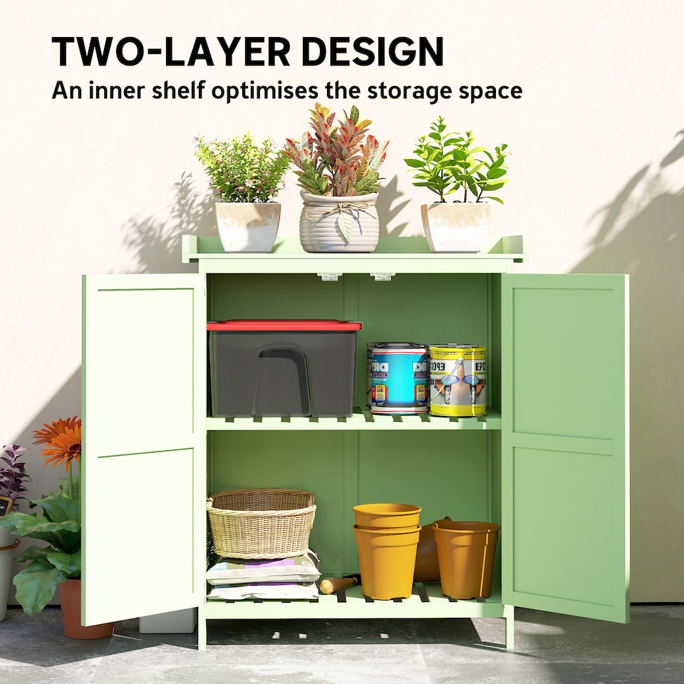 image 1 of Outsunny Wooden Garden Shed, Garden Tool Storage Shed with Hinged Roof and Shelf, Outdoor Storage Cabinet with Double Doors, Light Green