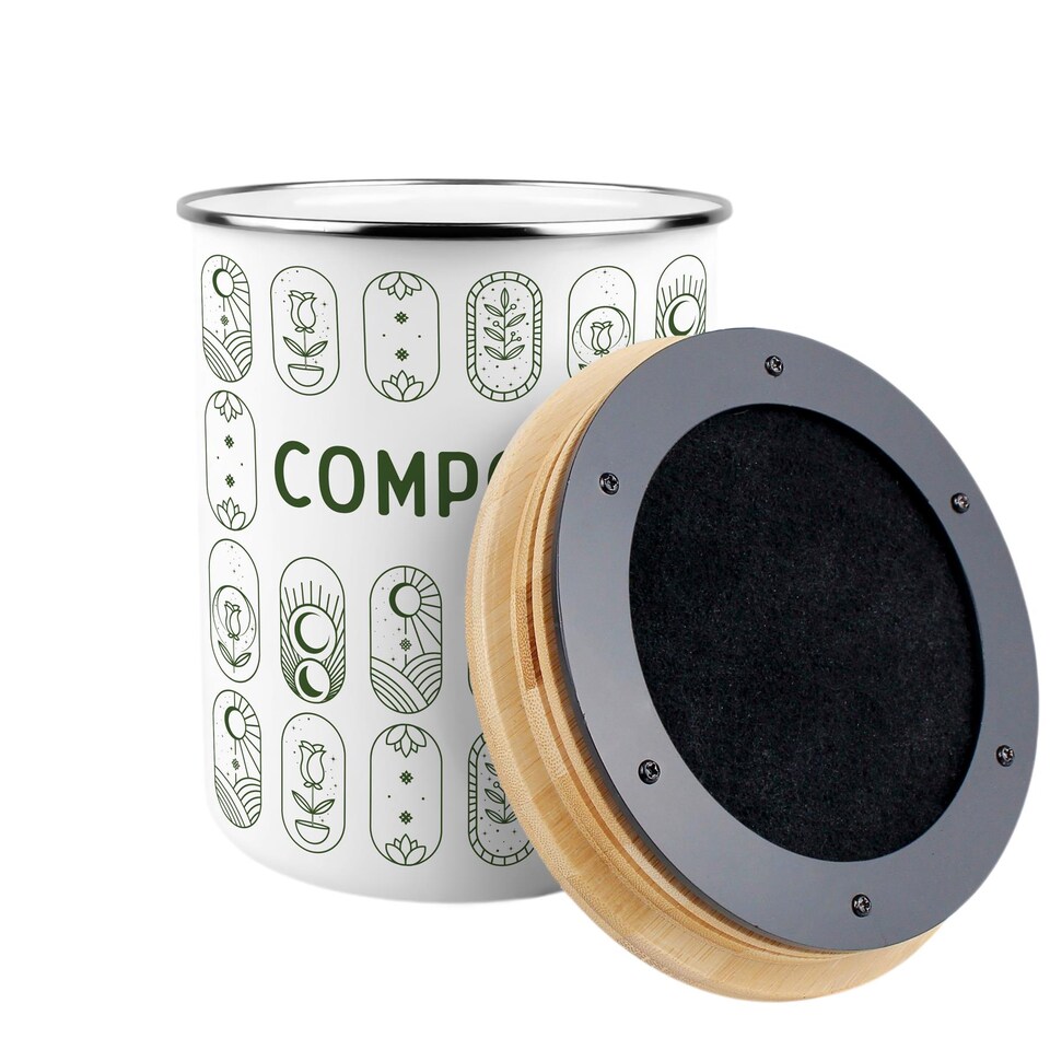 image 1 of Boho Minimalism Compost Caddy - Metal 2L Decorative Kitchen Food Waste Bin