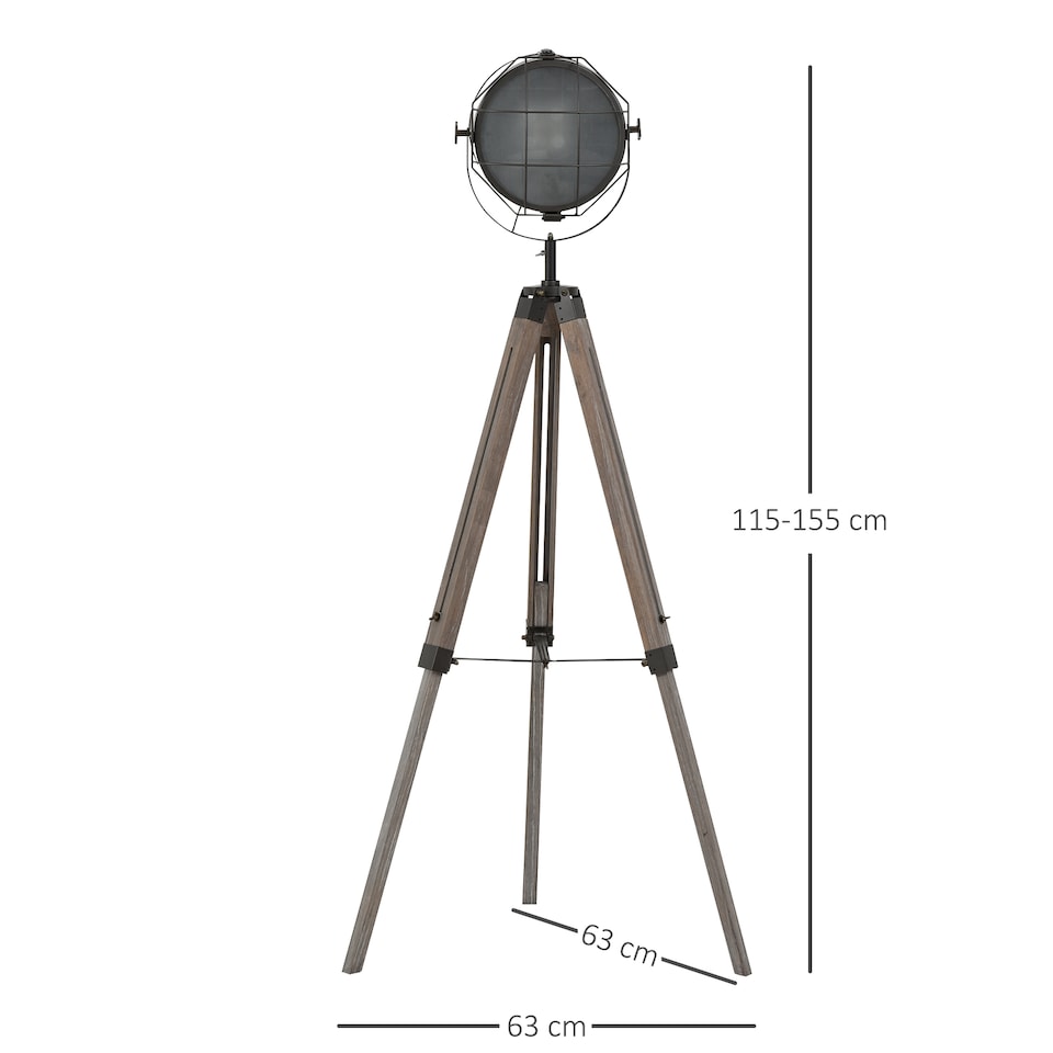 image 1 of HOMCOM Floor Lamp with Adjustable Tripod for Living Room Bedroom, Vintage Spotlight Reading Lamp with Wood Legs, 115155cm, Grey