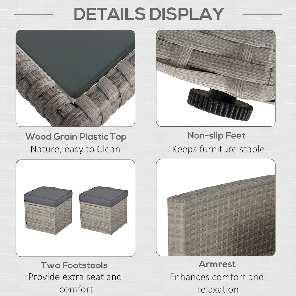 image 1 of Outsunny 6 Pieces Rattan Garden Furniture Set, 7 Seater Wicker Garden Sofa Set with Glass Top Dining Table, Armchairs and Footstools, Outdoor Furniture with Cushions for Patio, Mixed Grey