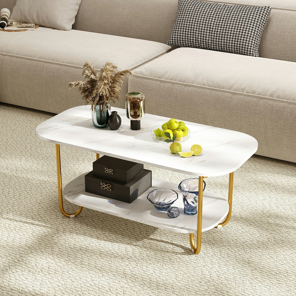 image 1 of COSTWAY Faux Marble Top Coffee Table 2-tier Tea Table White