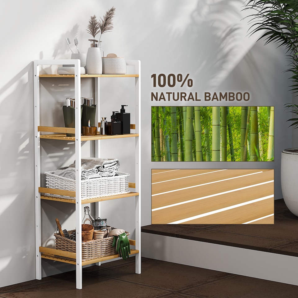 image 1 of HOMCOM 4-Tier Bamboo Bathroom Storage Shelf, Freestanding Shelving Unit with Adjustable Rack for Kitchen Bathroom Living Room, Natural and White