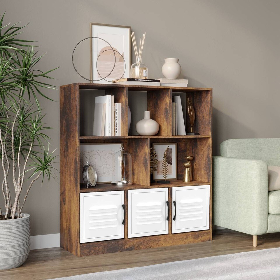 image 1 of Asymmetrical 8 Cube Rustic Brown Freestanding Bookcase Storage Unit with 3 Doors | White | Metal Doors - White | 1