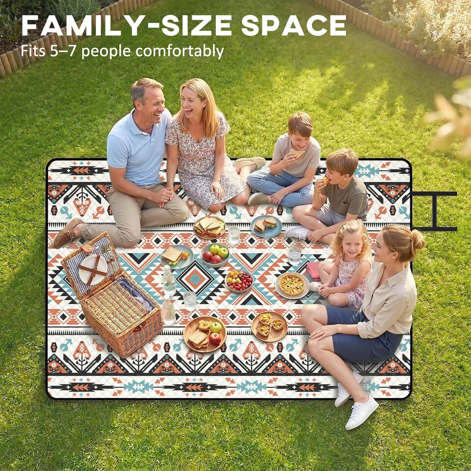 image 1 of Outsunny Picnic Blanket, 300x200CM Beach Blanket Outdoor Picnic Mat | Multi | Multi-coloured tribal geometric | 300 x 200 x 1 cm