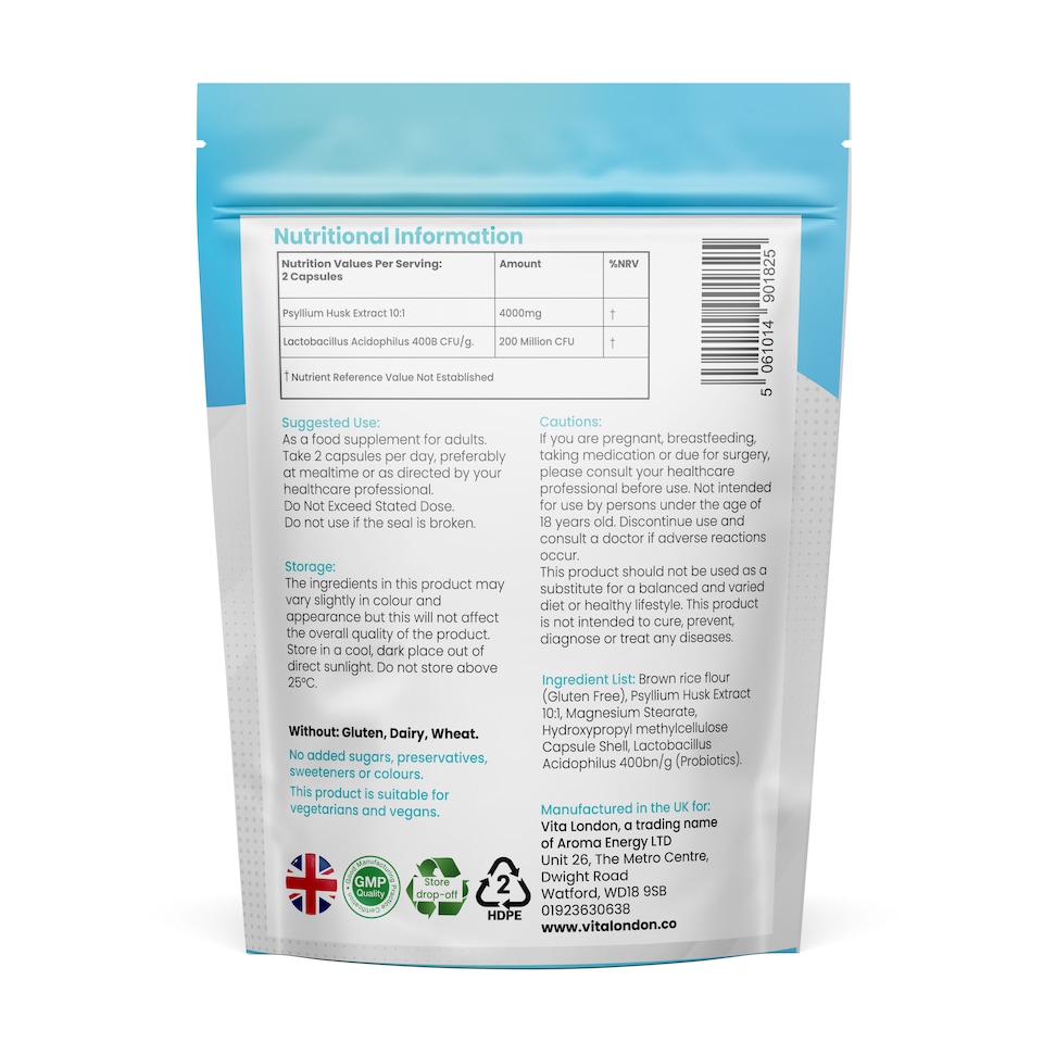 image 1 of Psyllium Husk Capsules - Fibre + Probiotic Acidophilus - 4000mg - 60 Capsules