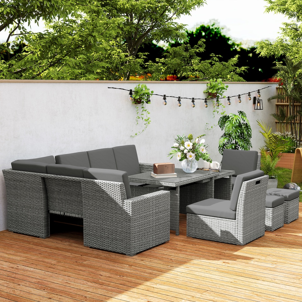 image 1 of Outsunny 10 Seater Rattan Dining Set with Expandable Table and Nesting Chairs, Rattan Garden Furniture Set with Cushions, Outdoor Dining Table and Chairs, Sectional Corner Sofa Set, Light Grey