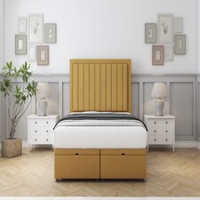 Sloomy Pemberton Mustard Plush Ottoman Bed Base With 54" Floor Standing Headboard 4' Small Double | Gold | Mustard | Small Double | 1