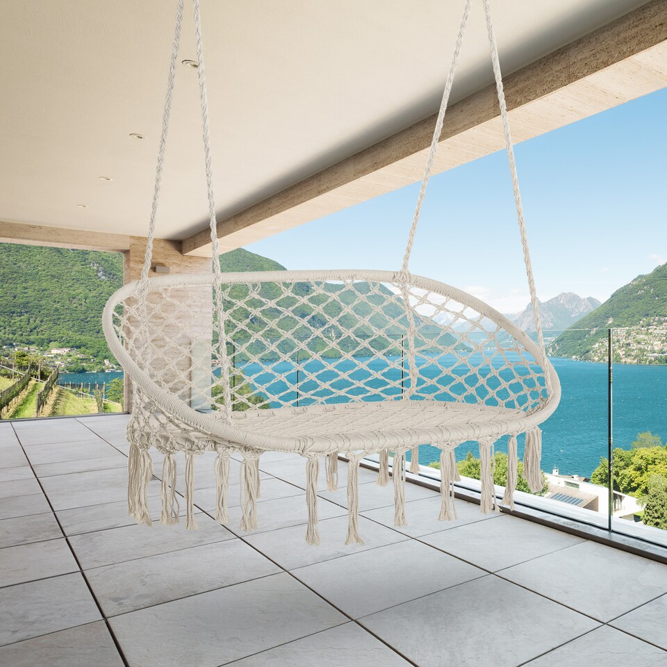 image 1 of Outsunny Hanging Hammock Chair Macrame Seat for Patio Garden Yard Cream White | Cream