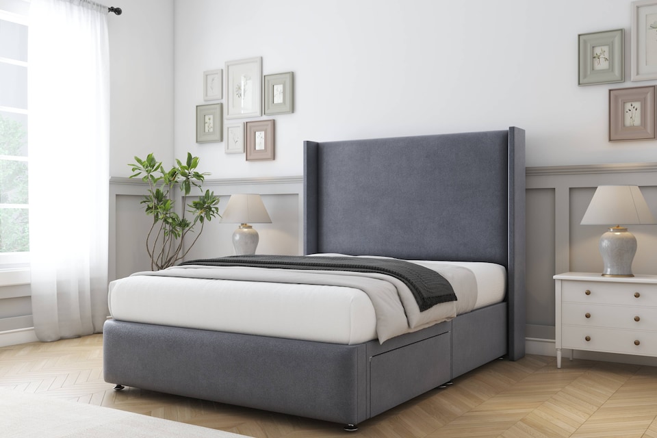 image 1 of Sloomy Stratford Steel Plush Divan Bed Base No Drawers With 54 Inch Wingback Headboard & 12 Inch Matching Footboard | Grey | Steel | Small Double | 1