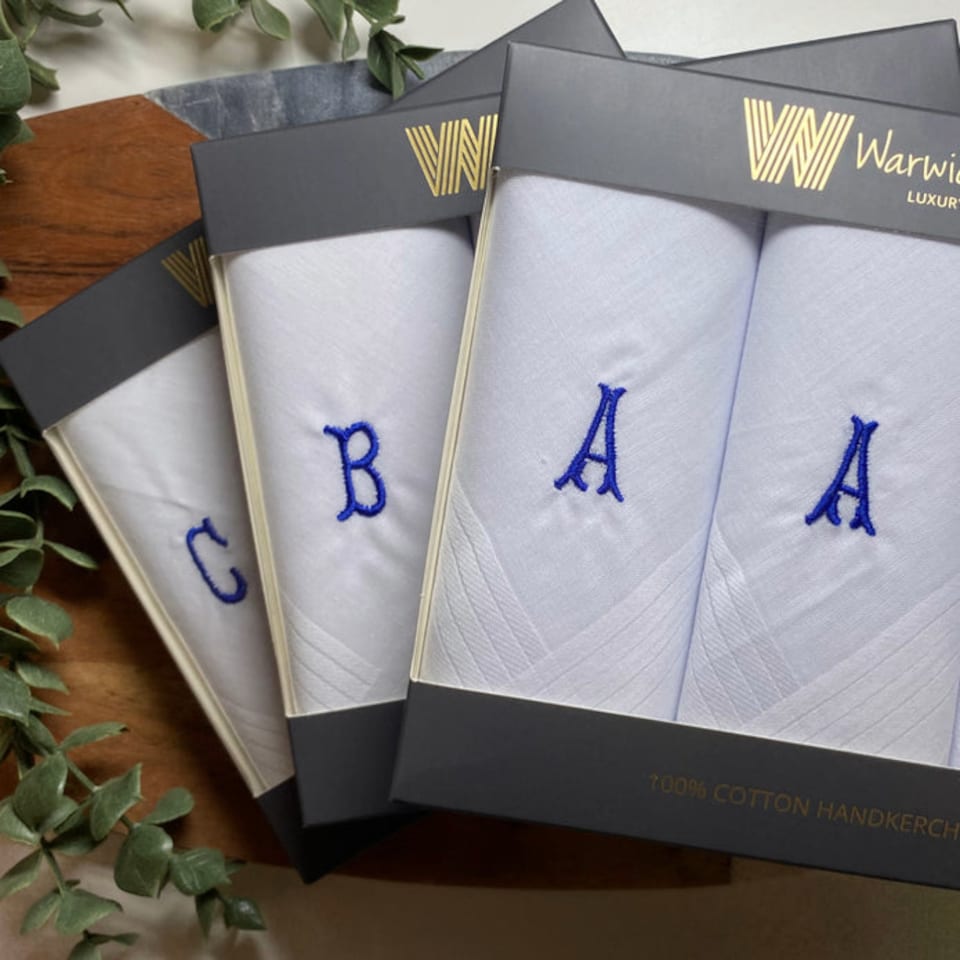 image 1 of Warwick & Vance Men's 3 Pack Plain White Handkerchiefs With Embroidered Initial, Letter P