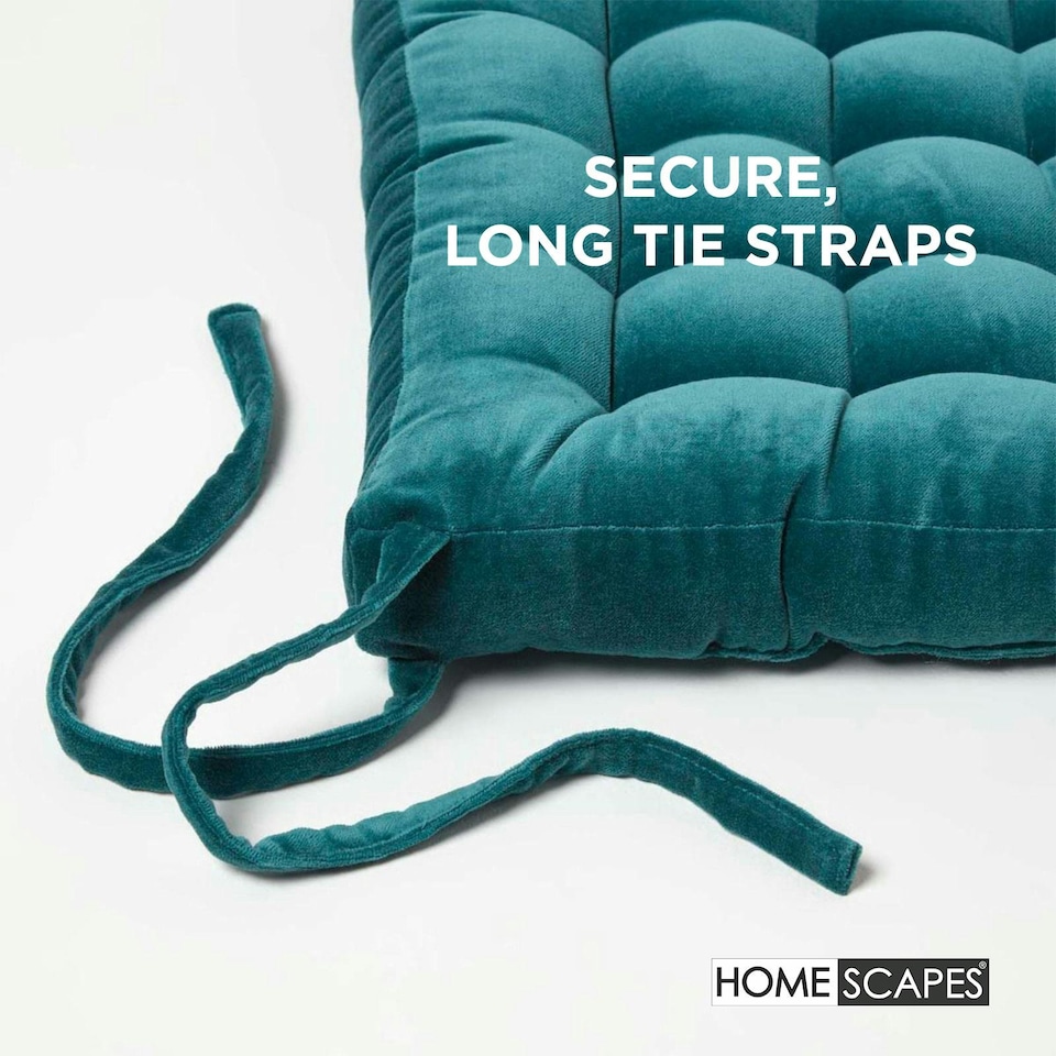 image 1 of Homescapes 4 x Seat Pads Luxury Cotton Velvet Indoor Outdoor Garden Dining Cushion | Green | 40 x 40 cm | 4