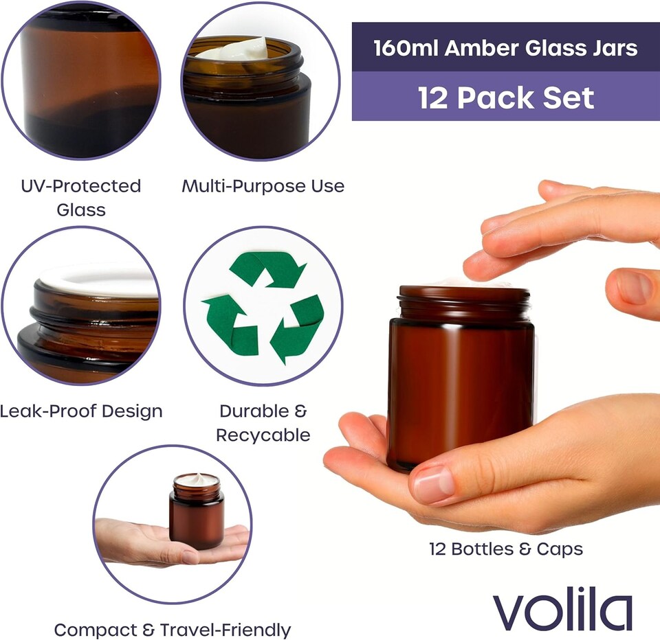 image 1 of Cosmetic Amber Glass Jar Set - UV Protection for Powder, Lotion and Cream