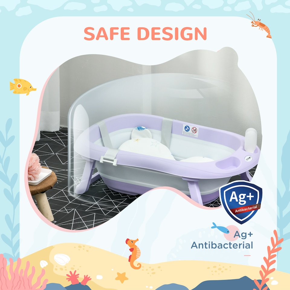 image 1 of ZONEKIZ Foldable Baby Bathtub w Non-Slip Support Legs, Cushion Pad - Purple