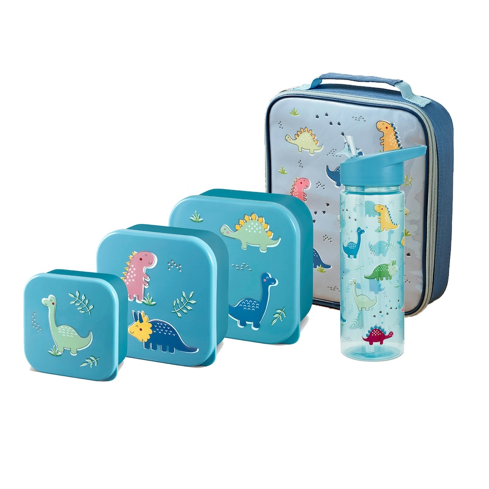image 1 of Tiny To Tots Dinosaur Lunch Bag, 3 Pack Nested Boxes & Flip Top Straw Sipper 500ml