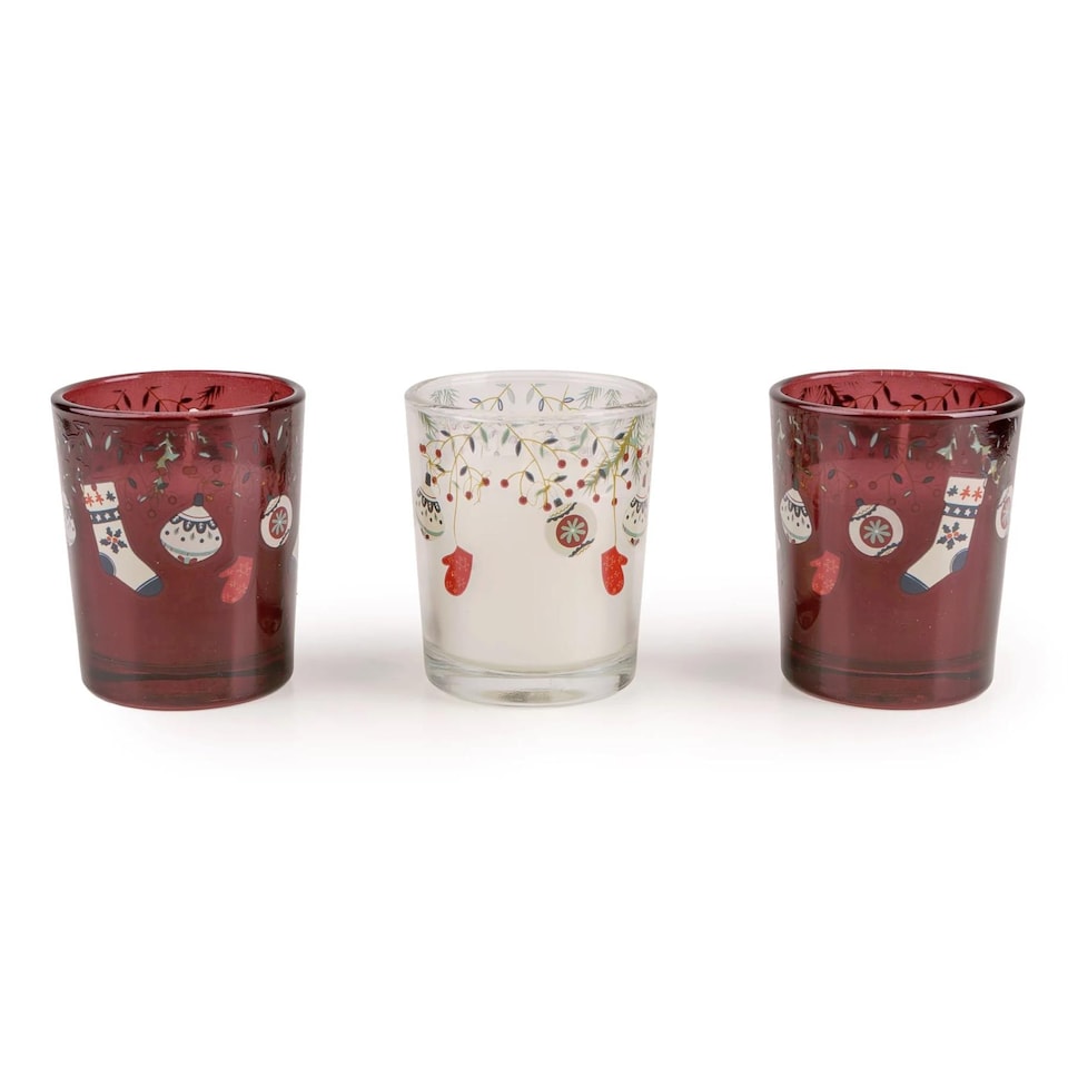 image 1 of Candlelight Set of 3 Christmas Votive Candles Stockings and Baubles